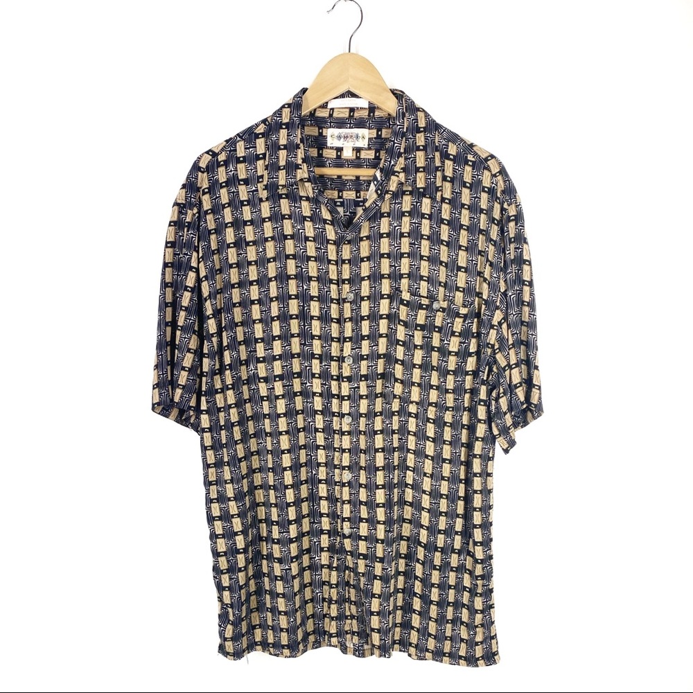Vintage-Style Navy & Tan Short Sleeve Dress Shirt